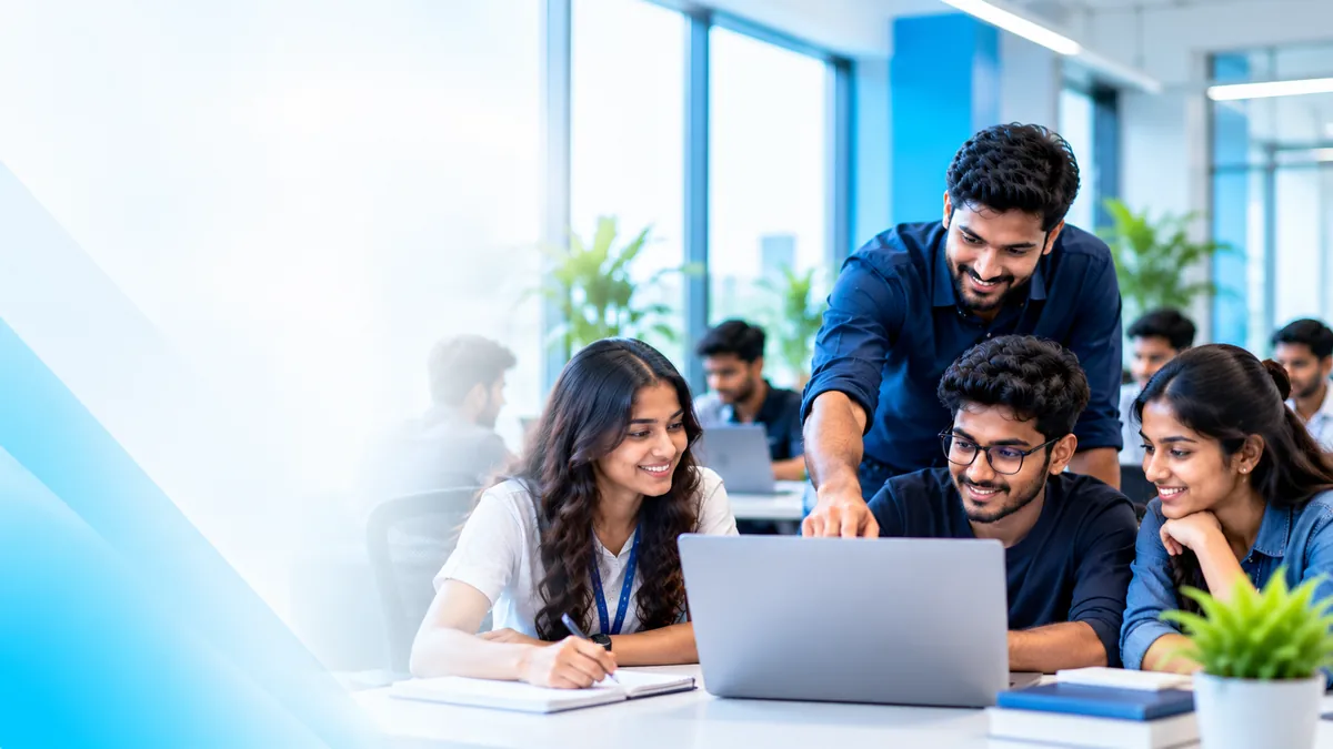 Illustrative scene of students working with a programming mentor
